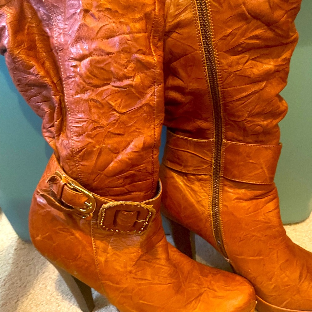 Cognac leather platform 4 inch heel boots
